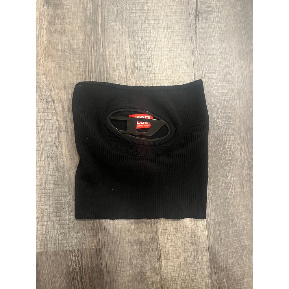 Diesel Black Ribbed Knit Oval D Logo Plaque Cut Out Crop Top XS